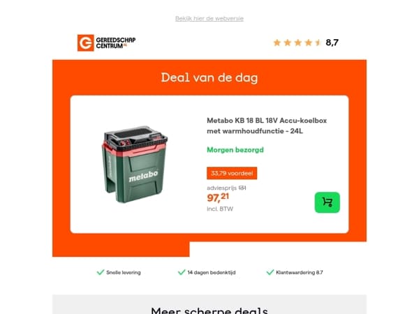 Deal van de dag: - 26% op Metabo KB 18 BL 18V Accu-koelbox met warmhoudfunctie - 24L