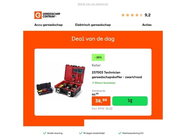 Deal van de dag: - 26% op Keter 237003 Technician gereedschapskoffer - zwart/rood