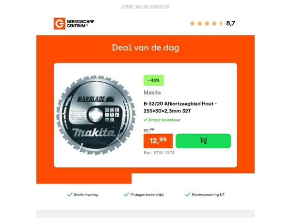 Deal van de dag: - 43% op Makita B-32720 Afkortzaagblad Hout - 255x30x2,3mm 32T