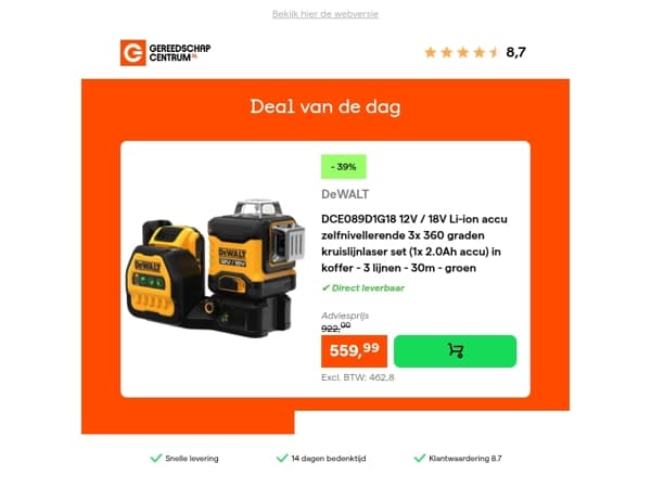 Deal van de dag: - 39% op DeWALT DCE089D1G18 12V / 18V Li-ion accu zelfnivellerende 3x 360 graden kruislijnlaser set (1x 2.0Ah accu) in koffer - 3 lijnen - 30m - groen