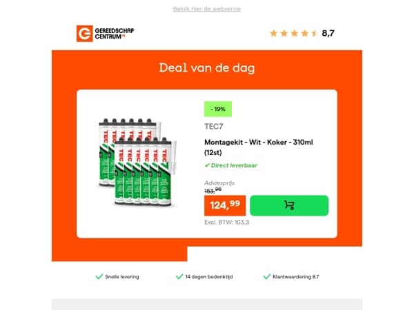 Deal van de dag: - 19% op TEC7 Montagekit - Wit - Koker - 310ml (12st)