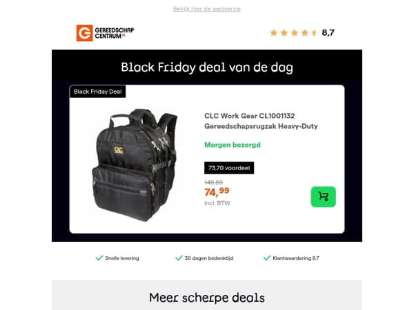 Black Friday Deal van de dag: - 50% op CLC Work Gear CL1001132 Gereedschapsrugzak Heavy-Duty