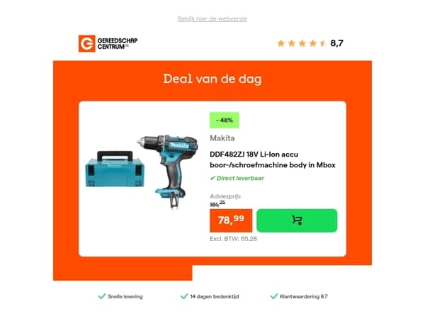 Deal van de dag: - 48% op Makita DDF482ZJ 18V Li-Ion accu boor-/schroefmachine body in Mbox