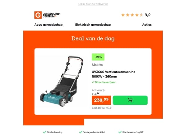 Deal van de dag: - 24% op Makita UV3600 Verticuteermachine - 1800W - 360mm