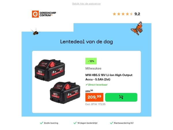 Lentedeal van de dag: - 12% op Milwaukee M18 HB5.5 18V Li-Ion High Output Accu - 5.5Ah (2st)