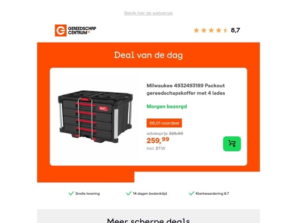 Deal van de dag: - 20% op Milwaukee 4932493189 Packout gereedschapskoffer met 4 lades
