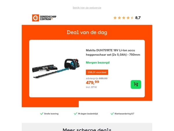 Deal van de dag: - 30% op Makita DUH751RTE 18V Li-Ion accu heggenschaar set (2x 5,0Ah) - 750mm