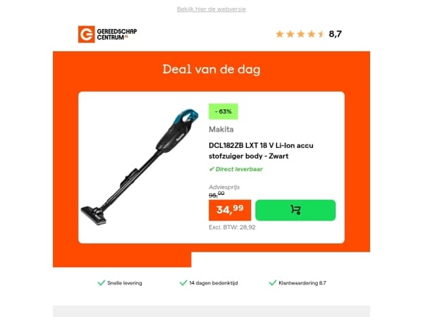 Deal van de dag: - 63% op Makita DCL182ZB LXT 18 V Li-Ion accu stofzuiger body - Zwart