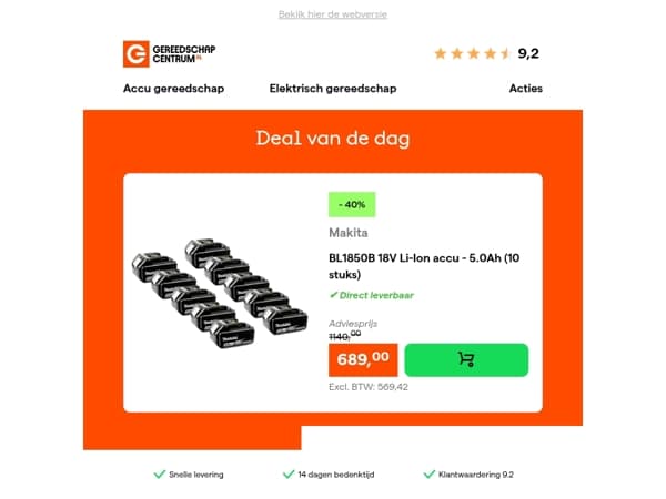 Deal van de dag: - 40% op Makita BL1850B 18V Li-Ion accu - 5.0Ah (10 stuks)