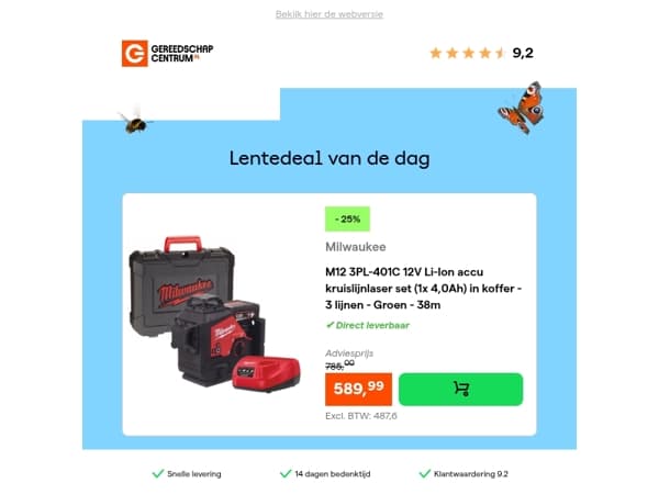 Lentedeal van de dag: - 25% op Milwaukee M12 3PL-401C 12V Li-Ion accu kruislijnlaser set (1x 4,0Ah) in koffer - 3 lijnen - Groen - 38m