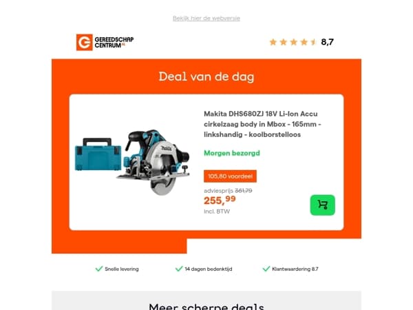 Deal van de dag: - 29% op Makita DHS680ZJ 18V Li-Ion Accu cirkelzaag body in Mbox - 165mm - linkshandig - koolborstelloos