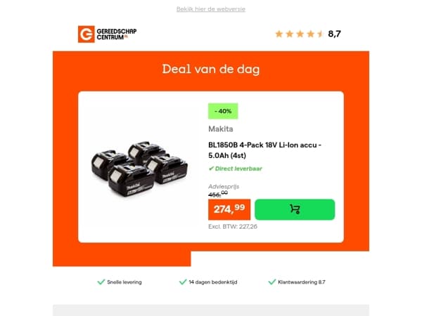 Deal van de dag: - 40% op Makita BL1850B 4-Pack 18V Li-Ion accu - 5.0Ah (4st)