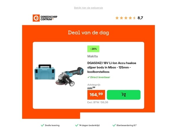 Deal van de dag: - 28% op Makita DGA504ZJ 18V Li-Ion Accu haakse slijper body in Mbox - 125mm - koolborstelloos