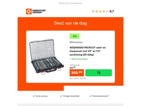 Deal van de dag: - 32% op Milwaukee 4932493661 PACKOUT ratel- en doppenset met 1/4" en 1/2" aandrijving (63-delig)