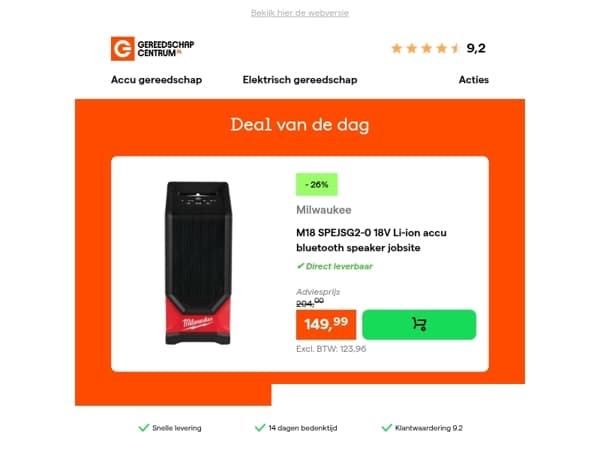Deal van de dag: - 26% op Milwaukee M18 SPEJSG2-0 18V Li-ion accu bluetooth speaker jobsite