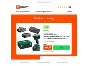 Deal van de dag: - 20% op HiKOKI WH18DCWHZ Accu Slagschroevendraaier - 1/4"- 18V incl. 2x 4,0Ah accu's en lader in HSC II