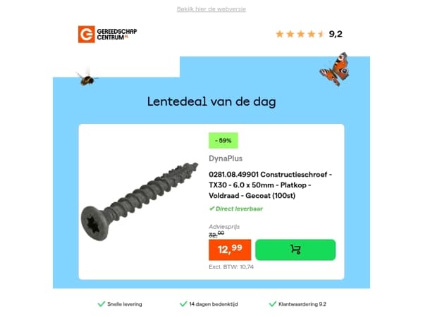 Lentedeal van de dag: - 59% op DynaPlus 0281.08.49901 Constructieschroef - TX30 - 6.0 x 50mm - Platkop - Voldraad - Gecoat (100st)