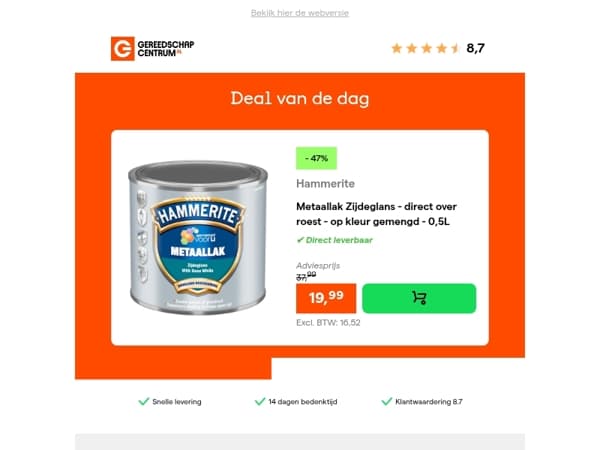 Deal van de dag: - 47% op Hammerite Metaallak Zijdeglans - direct over roest - op kleur gemengd - 0,5L