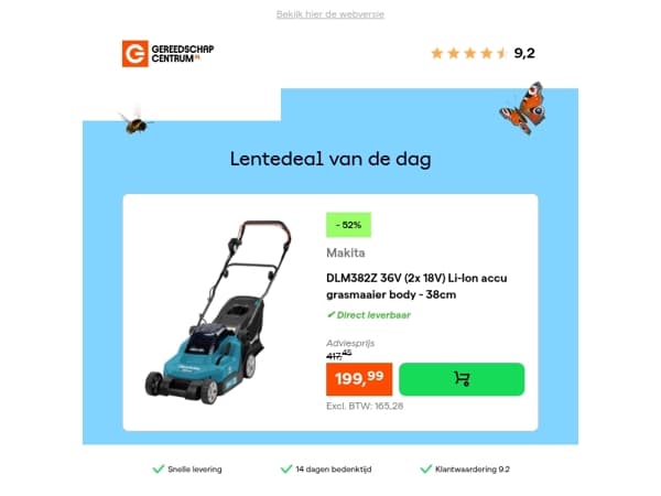 Lentedeal van de dag: - 52% op Makita DLM382Z 36V (2x 18V) Li-Ion accu grasmaaier body - 38cm