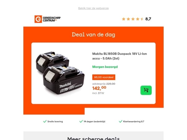 Deal van de dag: - 38% op Makita BL1850B Duopack 18V Li-Ion accu - 5.0Ah (2st)