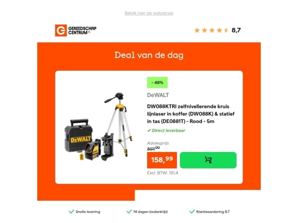 Deal van de dag: - 48% op DeWalt DW088KTRI zelfnivellerende kruis lijnlaser in koffer (DW088K) & statief in tas (DE0881T) - Rood - 5m