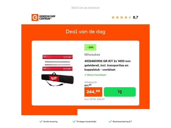 Deal van de dag: - 34% op Milwaukee 4932480906 GR-KIT 2x 1400 mm geleiderail, incl. transporttas en koppelstuk - combiset