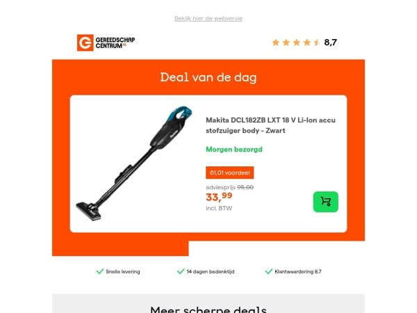 Deal van de dag: - 64% op Makita DCL182ZB LXT 18 V Li-Ion accu stofzuiger body - Zwart