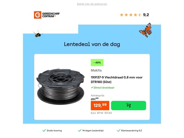 Lentedeal van de dag: - 49% op Makita 199137-9 Vlechtdraad 0,8 mm voor DTR180 (50st)