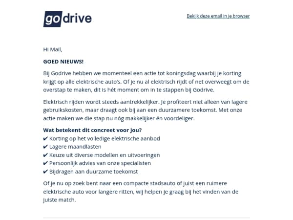Mail, Korting op alle elektrische auto’s bij GoDrive