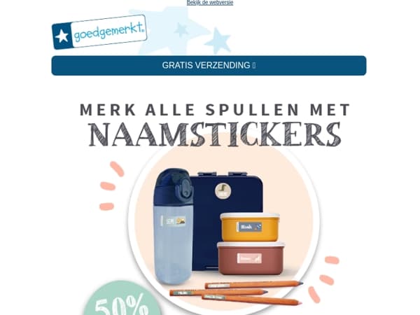 ★ Nu: 50% extra naamstickers + gratis verzending op alles 🎉