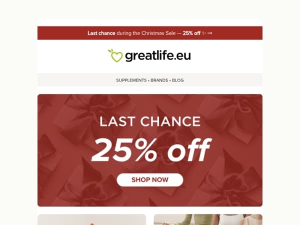 Last chance today! 25% off during the Christmas Sale | Greatlife.eu 💚