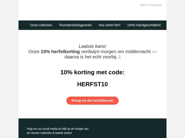 ⏰ Nog maar 1 dag! Je 10% herfstkorting verdwijnt morgen 🍂