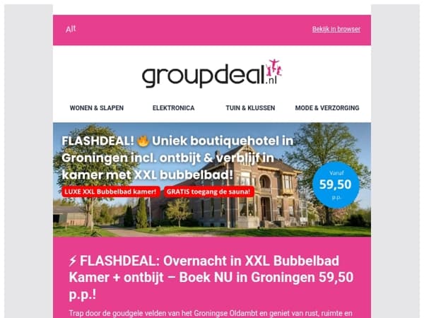 ⚡ FLASHDEAL: Overnacht in XXL Bubbelbad Kamer + ontbijt – Boek NU in Groningen 59,50 p.p.!