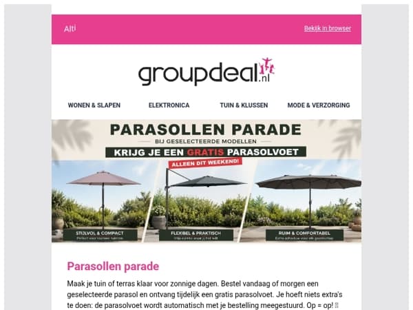 🎁 Alleen dit weekend: gratis parasolvoet cadeau! ☀️