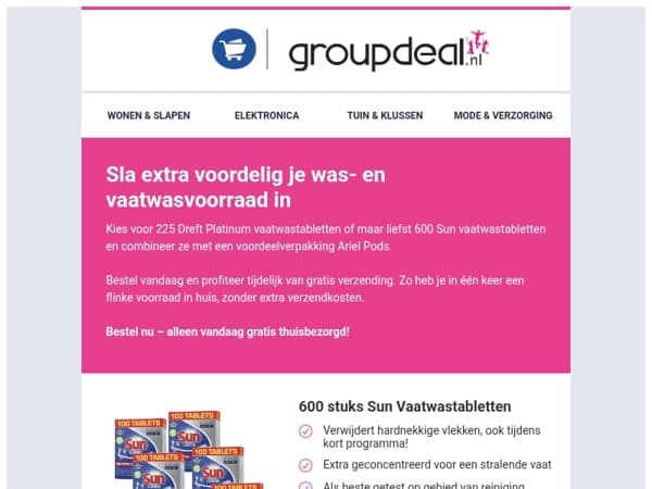 Alleen vandaag: gratis verzending op jouw was- & vaatvoorraad