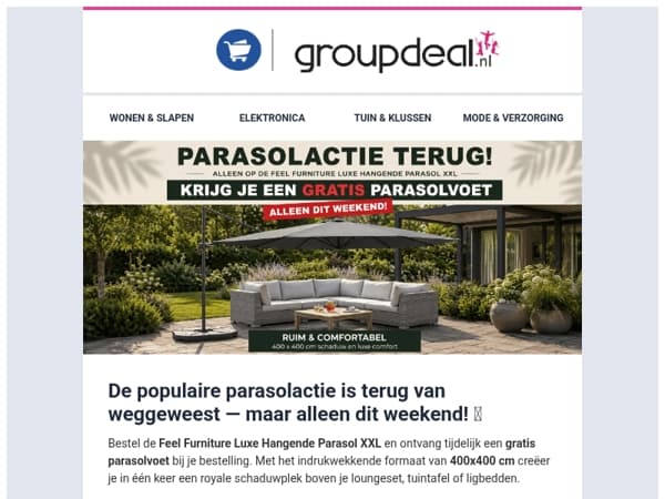 Alleen dit weekend: gratis parasolvoet bij je parasol! ⛱️