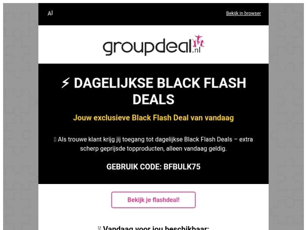 ⚡ Jouw Black Flash Deal van vandaag: €7,50 extra kassakorting op ALLE bulkproducten!