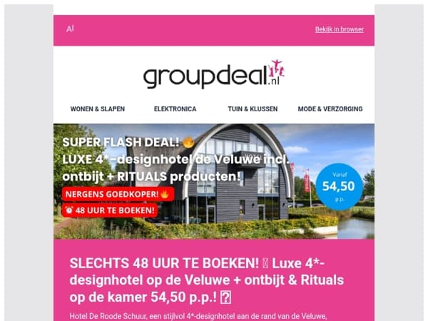 SLECHTS 48 UUR TE BOEKEN! ⏰ Luxe 4*-designhotel op de Veluwe + ontbijt & Rituals op de kamer 54,50 p.p.! 😱