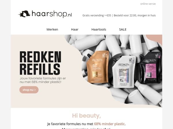 Ontdek de Redken refill verpakkingen. Tot 68% minder plastic  ♻