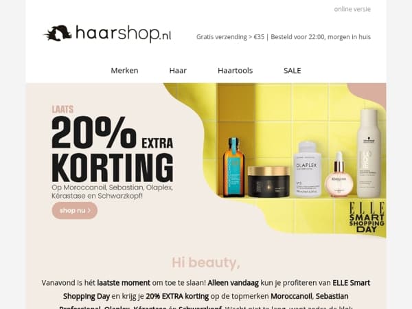 ⏰ 20% EXTRA korting op Moroccanoil, Sebastian, Olaplex, Kérastase én Schwarzkopf