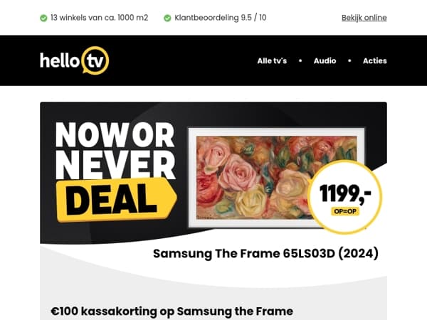NOW OR NEVER: €100 kassakorting op 65 inch Samsung The Frame
