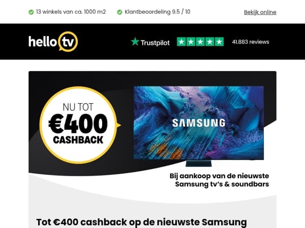 Scoor tot €400 cashback op de nieuwste Samsung tv's en soundbars