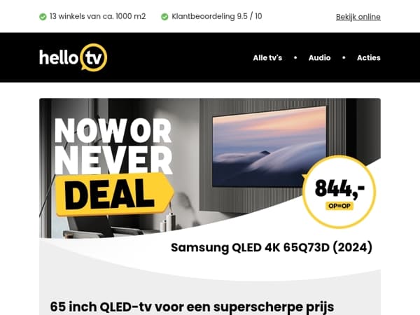 NOW OR NEVER: 100 euro kassakorting op de Samsung 65Q73D