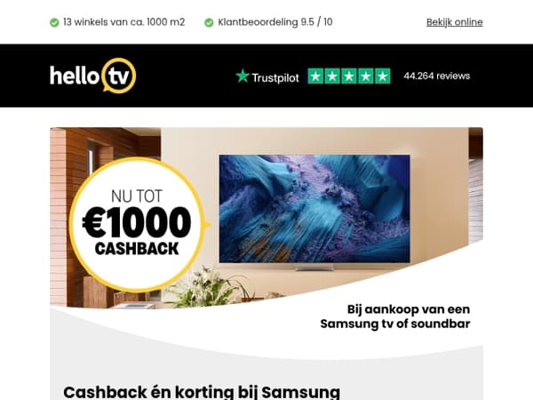 Nu tot €1000 cashback op veel Samsung tv's en soundbars