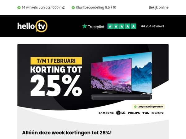 Alléén deze week tot 25% korting op veel tv's en soundbars
