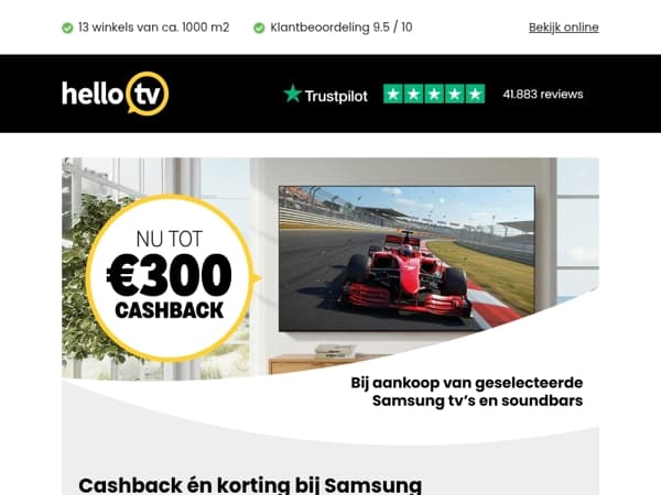 Nu tot €300 cashback op Samsung tv's en soundbars