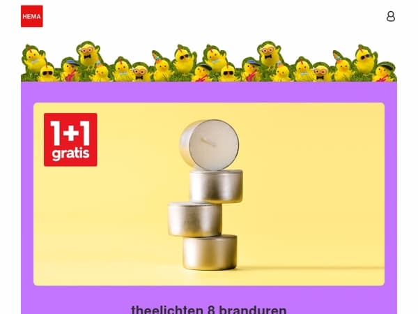 nu 1+1 gratis op theelichten | gezellig voor de paastafel