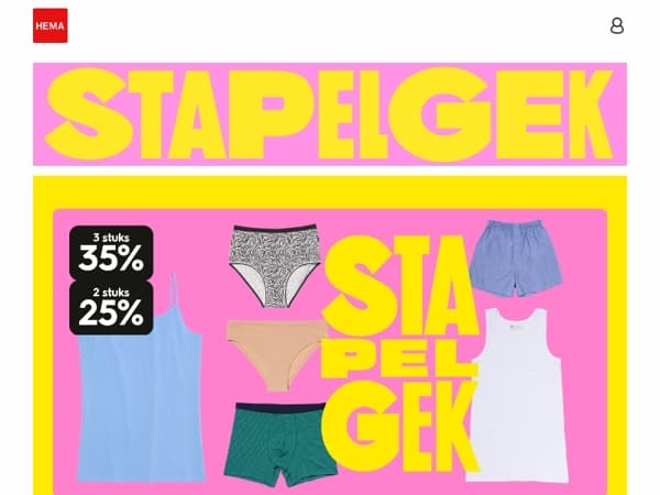 stapelgek: 3 stuks 35%, 2 stuks 25% korting op dames- en herenondergoed