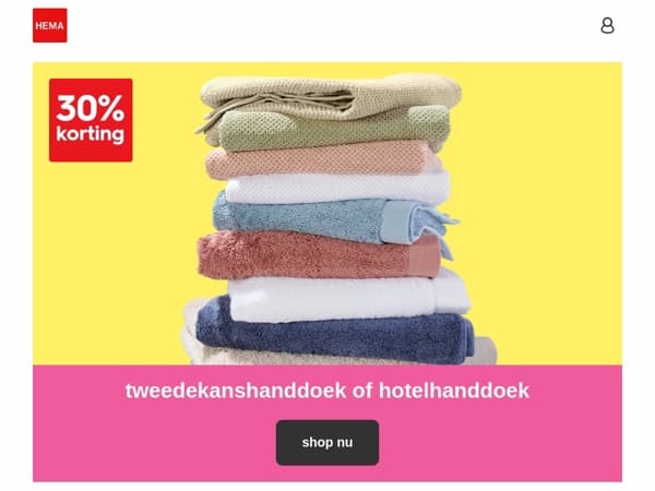 shop alle nieuwe aanbiedingen van deze week: 30% korting op tweedekanshanddoeken of hotelhanddoeken
