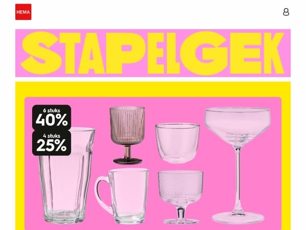 tijd om te stapelen: 6 stuks 40%, 4 stuks 25% korting op losse glazen